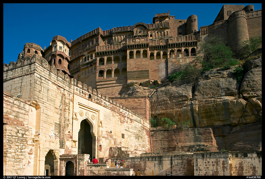 Gate and high wall, Mehrangarh Fort. Jodhpur, Rajasthan, India