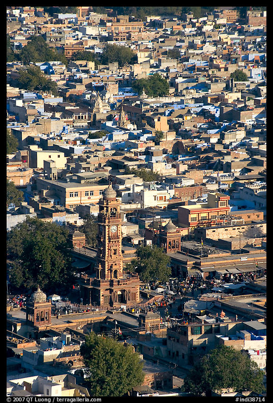 Clock tower and old quarter seen from  Mehrangarh Fort. Jodhpur, Rajasthan, India