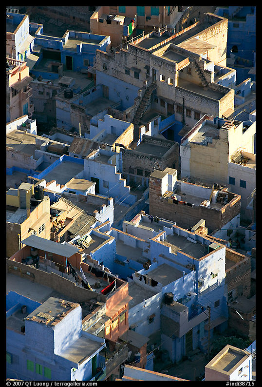 Terraces on top of blue houses seen from above. Jodhpur, Rajasthan, India