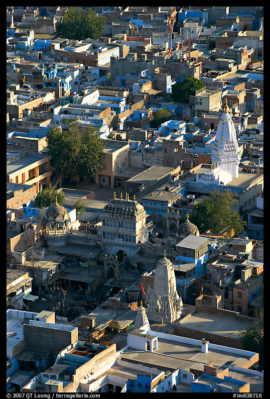 Old town rooftops and shrines seen from Mehrangarh Fort. Jodhpur, Rajasthan, India