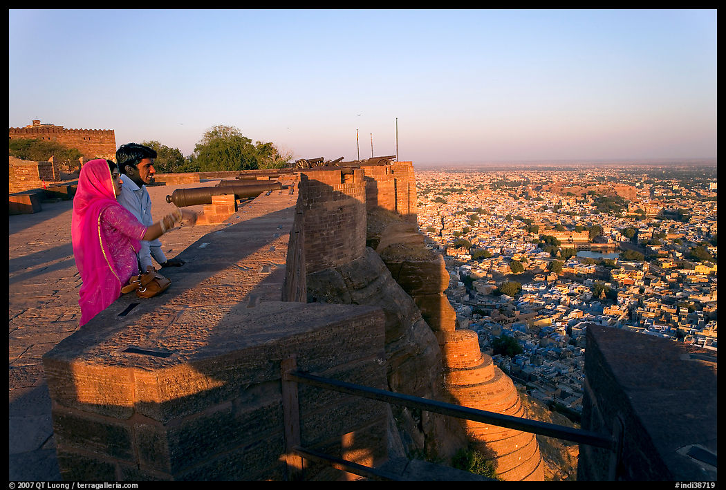 Couple looking at the view from Mehrangarh Fort. Jodhpur, Rajasthan, India