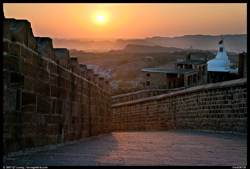 Mehrangarh Fort walls and Chamunda Devi temple. Jodhpur, Rajasthan, India