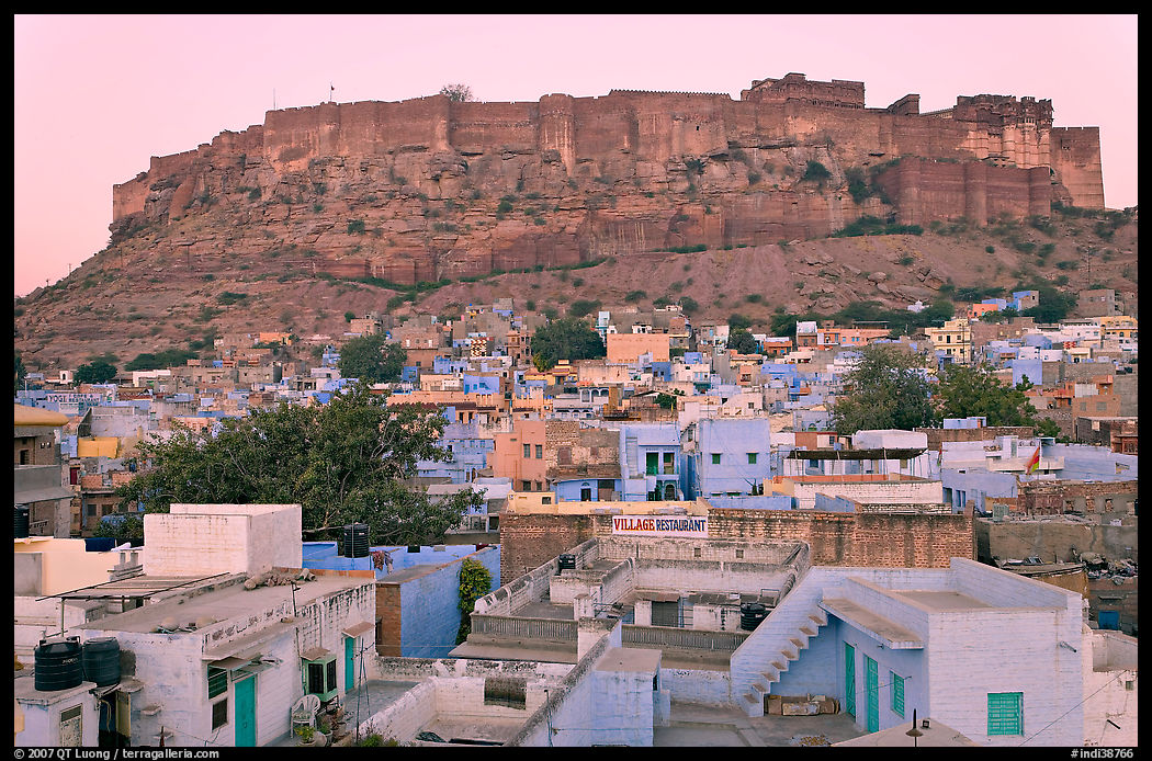 Rooftops and Mehrangarh Fort at dawn. Jodhpur, Rajasthan, India