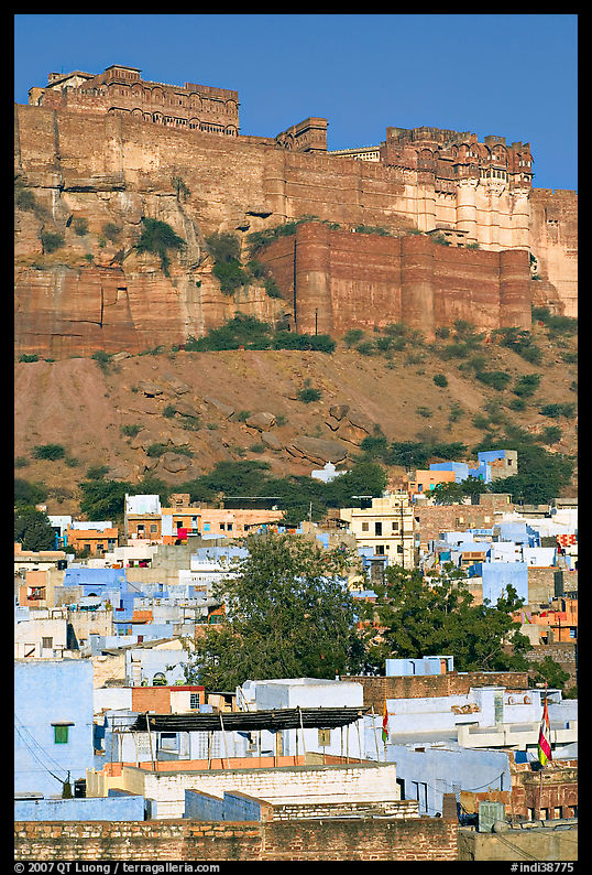 Old town at the base of the Mehrangarh Fort, morning. Jodhpur, Rajasthan, India