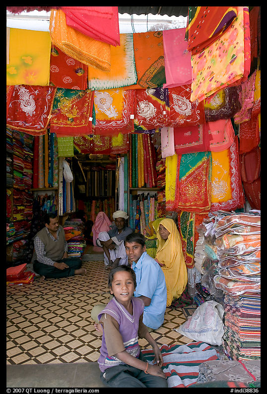 Shop selling colorful Rajasthani fabrics, Sardar market. Jodhpur, Rajasthan, India