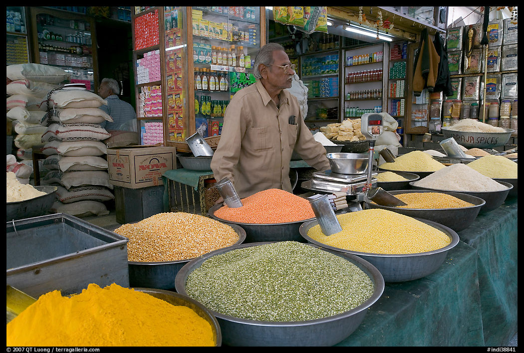 Man in front of grain and spice store, Sardar market. Jodhpur, Rajasthan, India