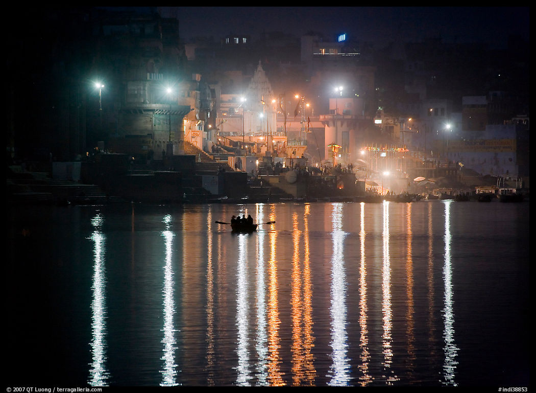 Ganges River at night with Ghat lights  reflected. Varanasi, Uttar Pradesh, India
