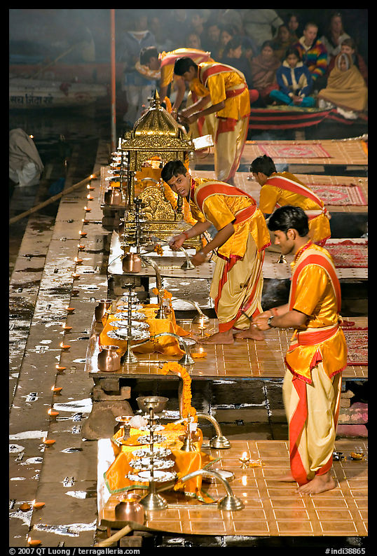 Brahmans preparing for evening puja. Varanasi, Uttar Pradesh, India