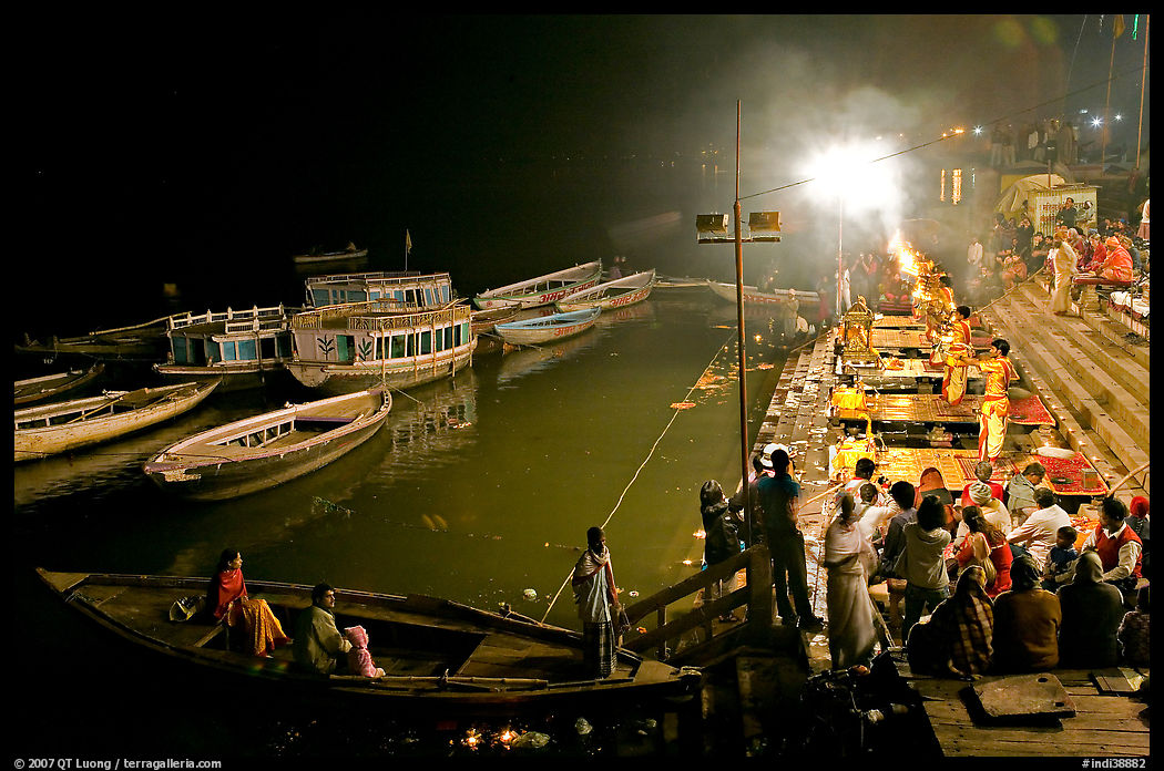 Evening aarti on the banks of the Ganges River. Varanasi, Uttar Pradesh, India