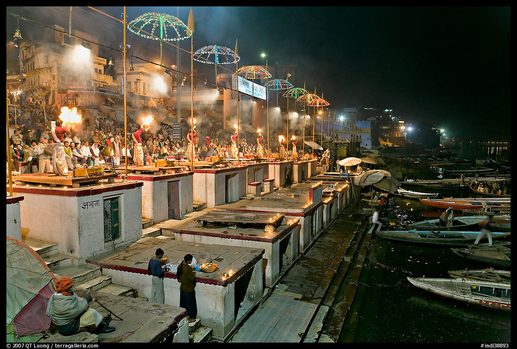 Aarti ceremony on the banks of the Ganga River. Varanasi, Uttar Pradesh, India