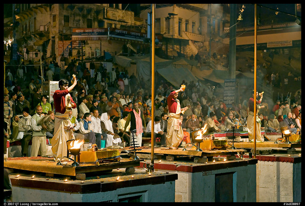 Brahmans performing evening arti ceremony. Varanasi, Uttar Pradesh, India