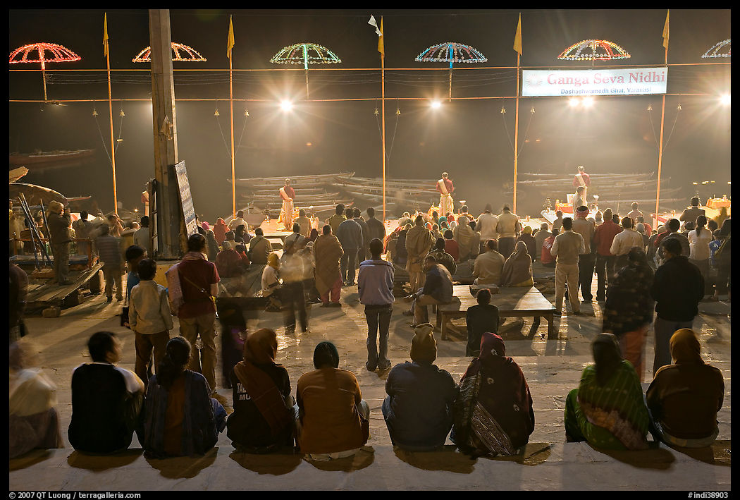 Worshipers attending arti ceremony at Ganga Seva Nidhi. Varanasi, Uttar Pradesh, India