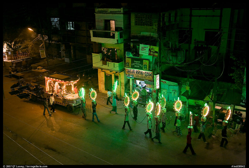 Street wedding procession bright lights seen from above. Varanasi, Uttar Pradesh, India