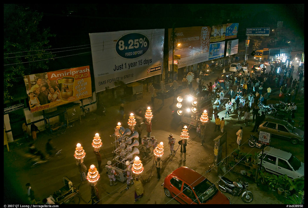 Wedding procession seen from above at night. Varanasi, Uttar Pradesh, India