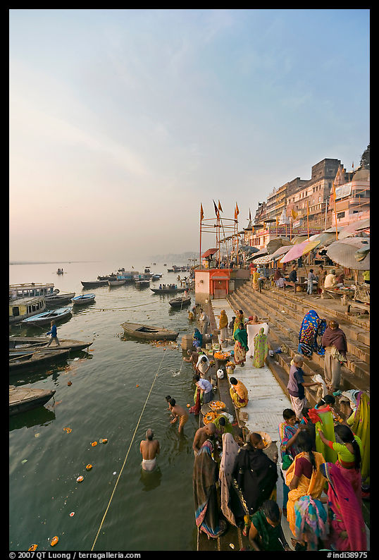 People worshipping Ganges River, early morning. Varanasi, Uttar Pradesh, India