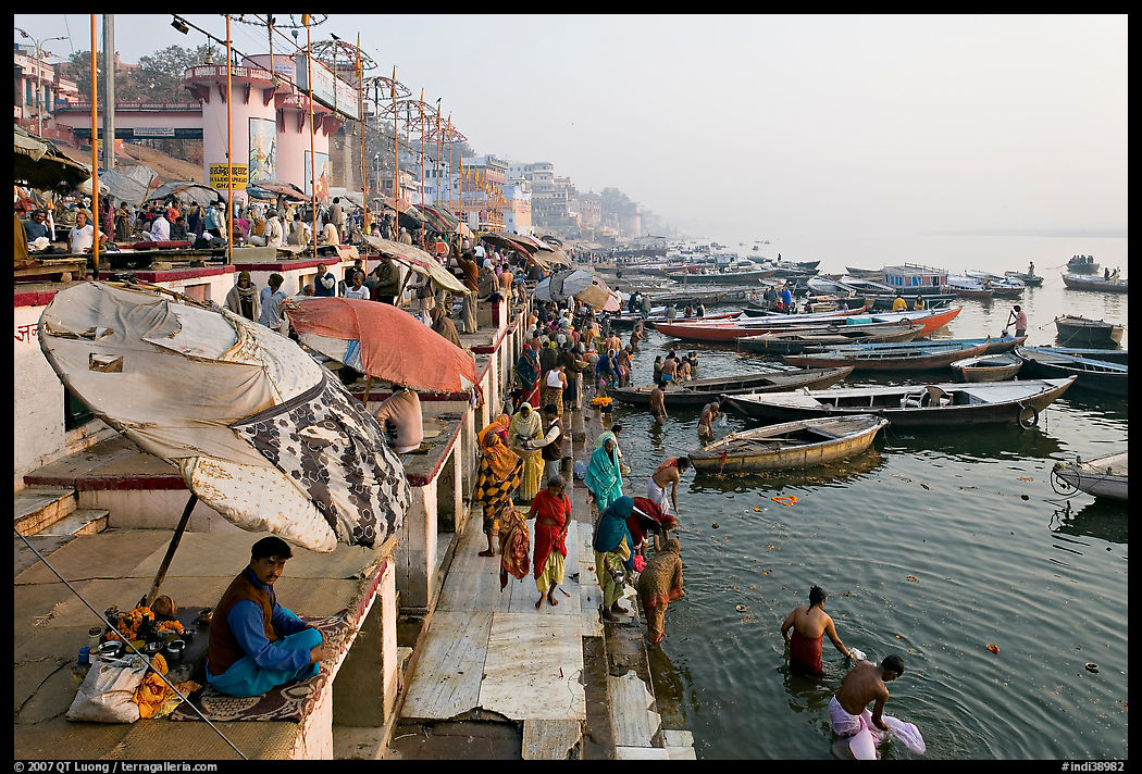 Dasaswamedh Ghat and Ganges River, sunrise. Varanasi, Uttar Pradesh, India