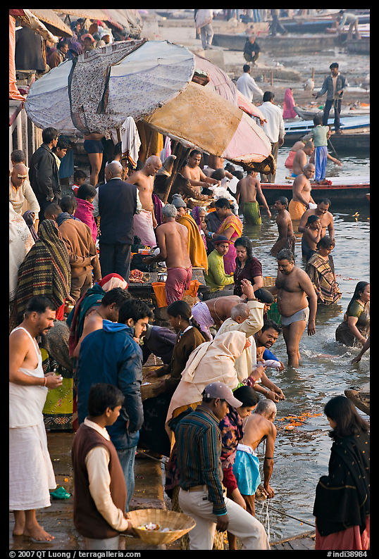 Colorful crowd at the edge of water, Dasaswamedh Ghat. Varanasi, Uttar Pradesh, India