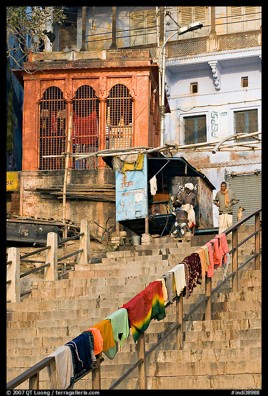 Laundry on hand-rail of ghat steps. Varanasi, Uttar Pradesh, India