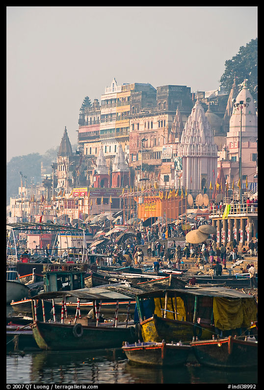 Boats and Dasaswamedh Ghat, sunrise. Varanasi, Uttar Pradesh, India