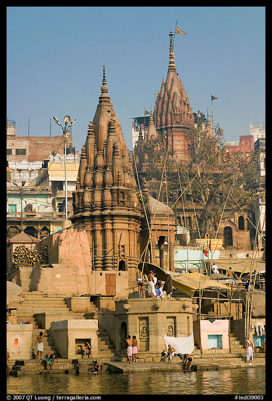 Hindu temples on the riverbank of the Ganga River. Varanasi, Uttar Pradesh, India