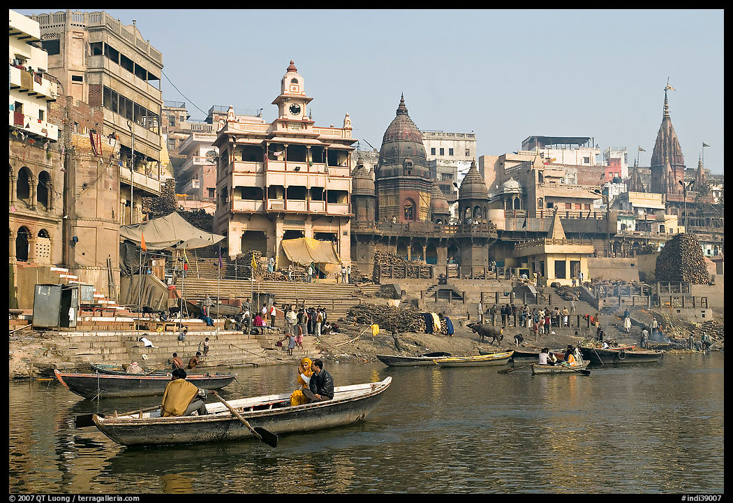 Rowboat and Manikarnika Ghat. Varanasi, Uttar Pradesh, India
