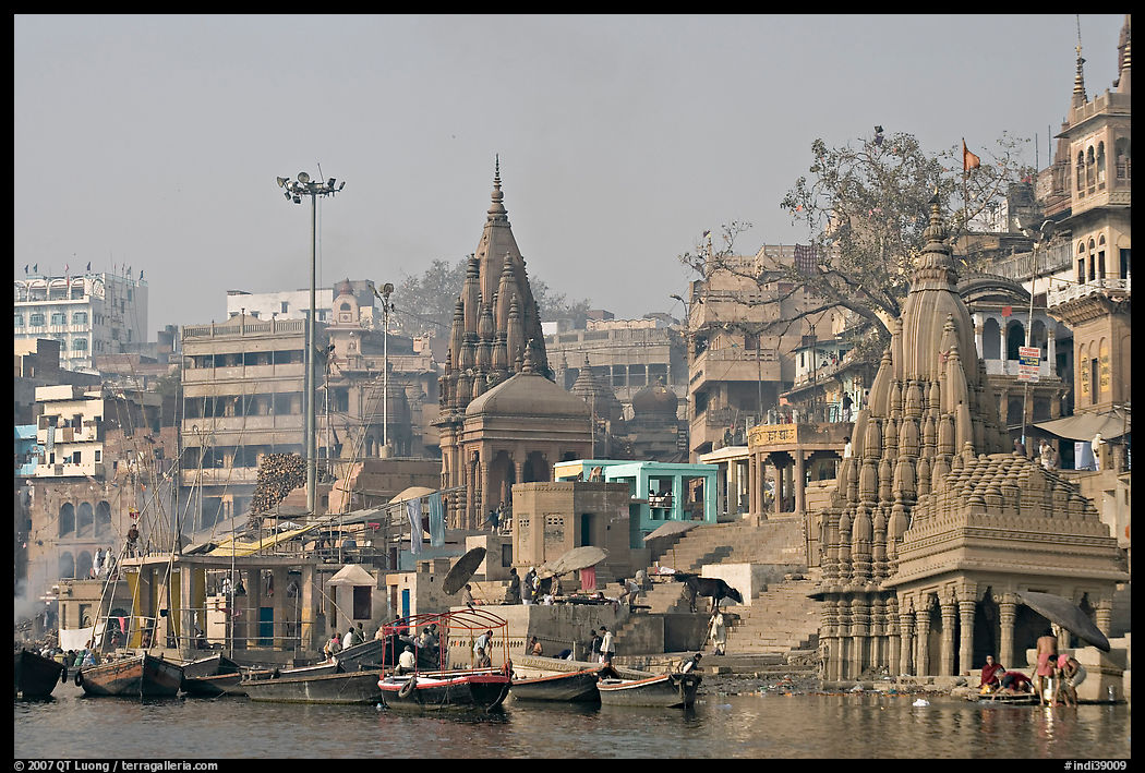 Temples on the banks of Ganges River, Manikarnika Ghat. Varanasi, Uttar Pradesh, India