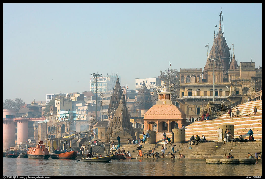 Temples and steps on Ganga riverbank. Varanasi, Uttar Pradesh, India
