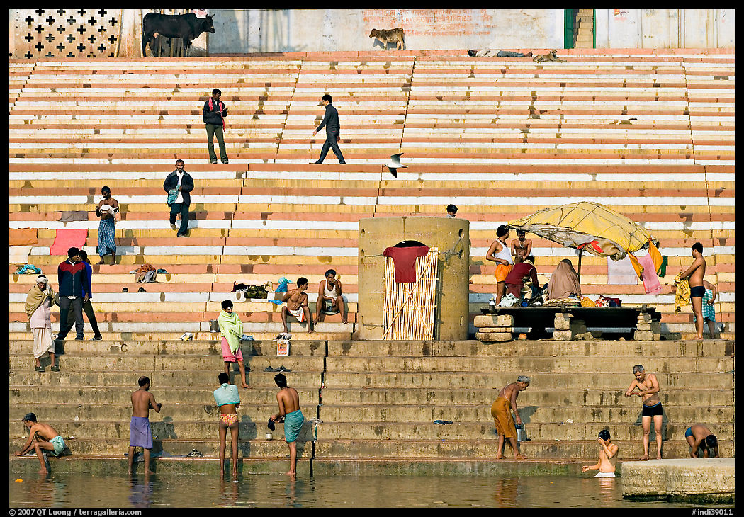 Men finishing their bath below the steps of Scindhia Ghat. Varanasi, Uttar Pradesh, India