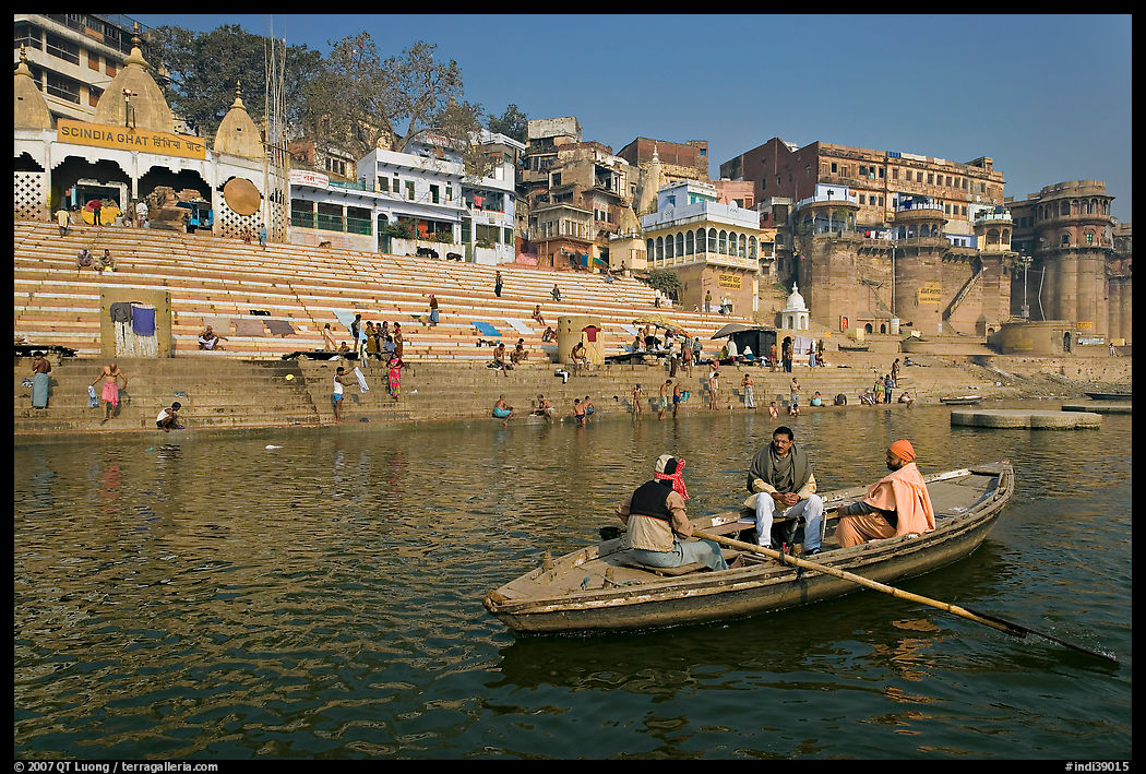 Rowboat in front of Scindhia Ghat. Varanasi, Uttar Pradesh, India