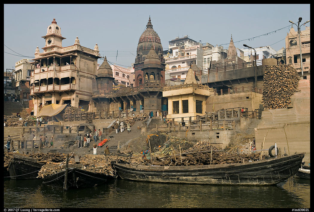 Huge piles of firewood stacked at Manikarnika Ghat. Varanasi, Uttar Pradesh, India