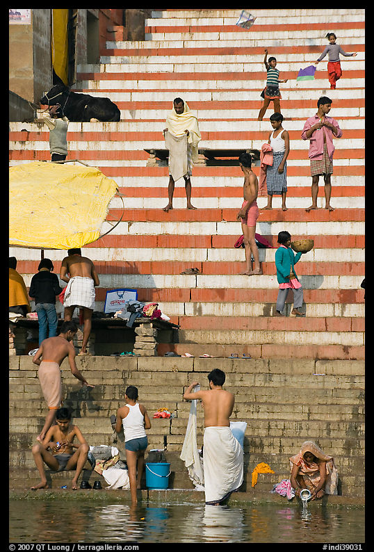 Drying out on stone steps of Meer Ghat. Varanasi, Uttar Pradesh, India