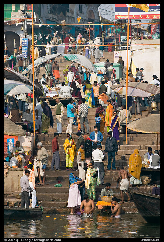 Colorful crowd on steps of Dasaswamedh Ghat. Varanasi, Uttar Pradesh, India
