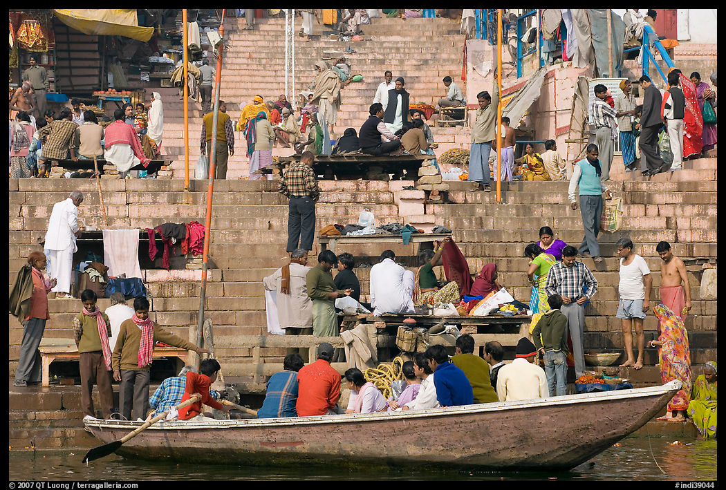 Boat and stone steps, Dasaswamedh Ghat. Varanasi, Uttar Pradesh, India