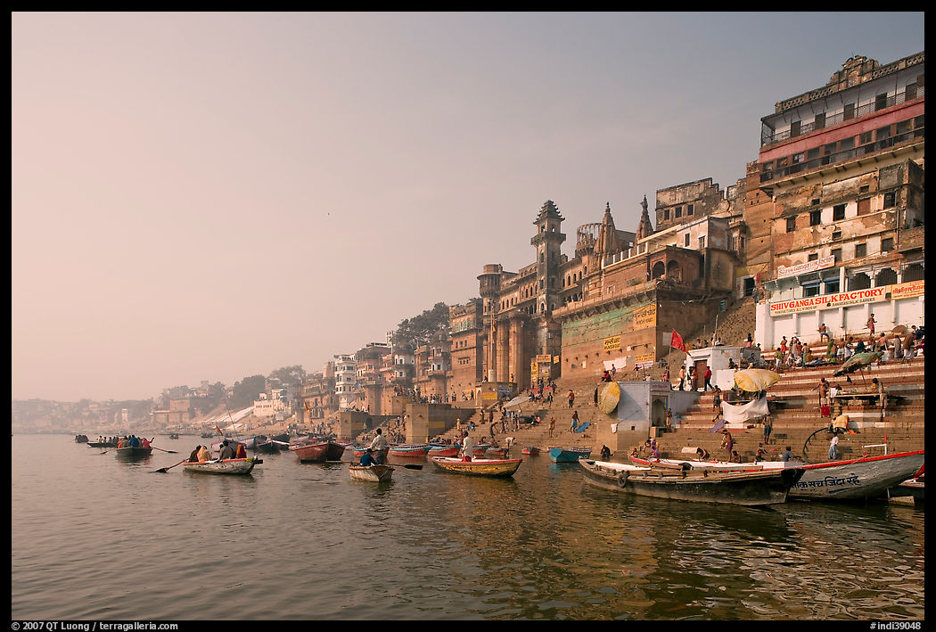 Bathing ghats and Ganga River at sunrise. Varanasi, Uttar Pradesh, India
