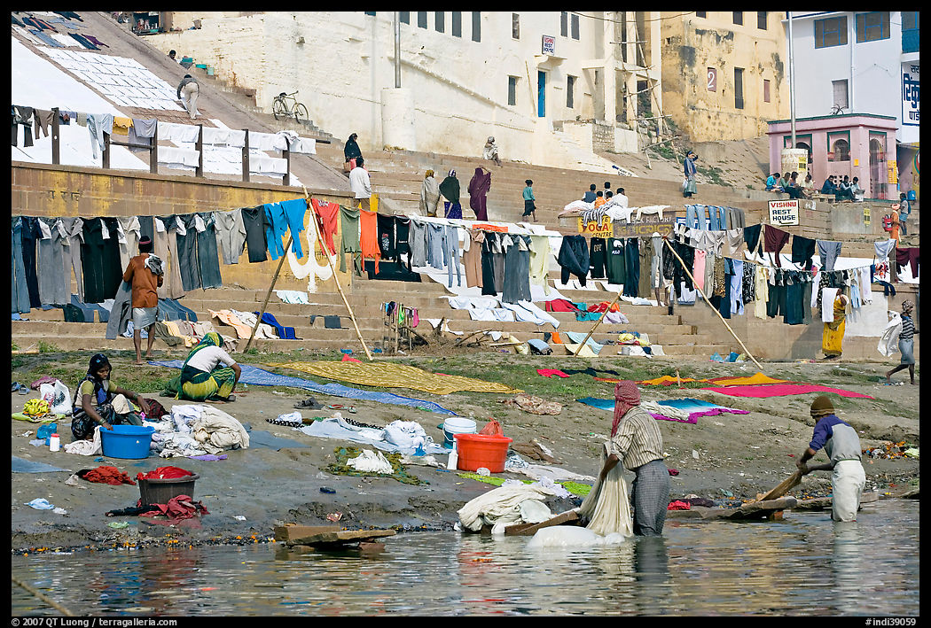 Laundry washed and hanged on Ganges riverbank. Varanasi, Uttar Pradesh, India
