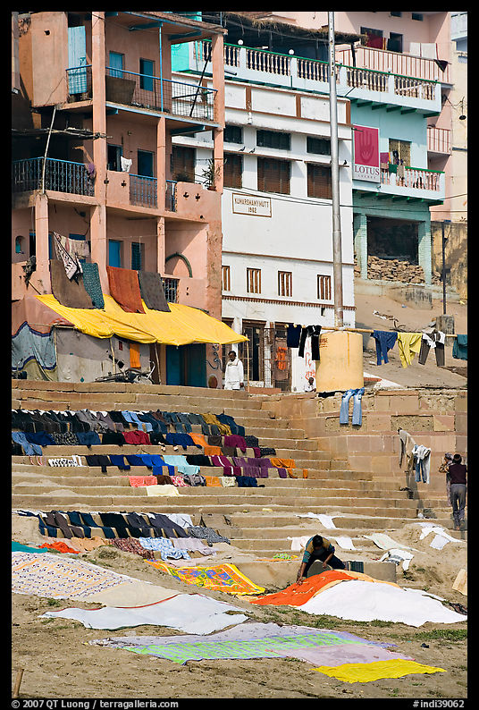 Laundry being dried on steps, Kshameshwar Ghat. Varanasi, Uttar Pradesh, India