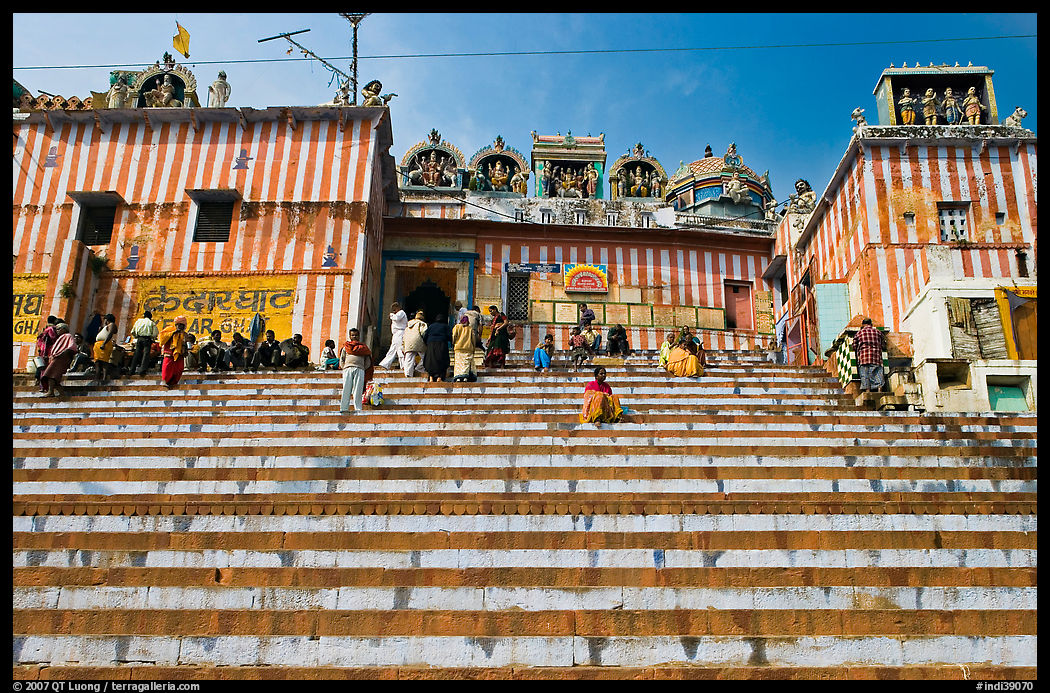 Colorful stripes and steps of shrine at Kedar Ghat. Varanasi, Uttar Pradesh, India