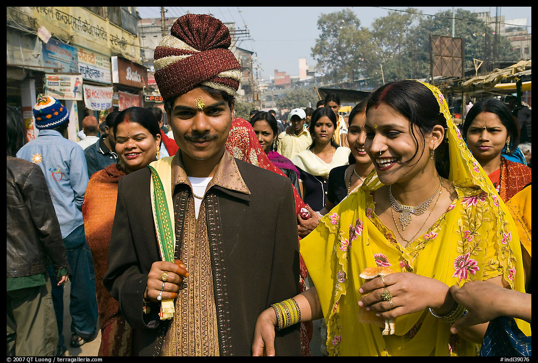 Bride and groom in a street. Varanasi, Uttar Pradesh, India