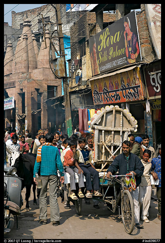 Man moving devotional image and children on rickshaw. Varanasi, Uttar Pradesh, India