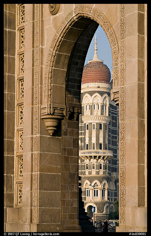Taj Mahal Palace Hotel seen through arch of Gateway of India. Mumbai, Maharashtra, India