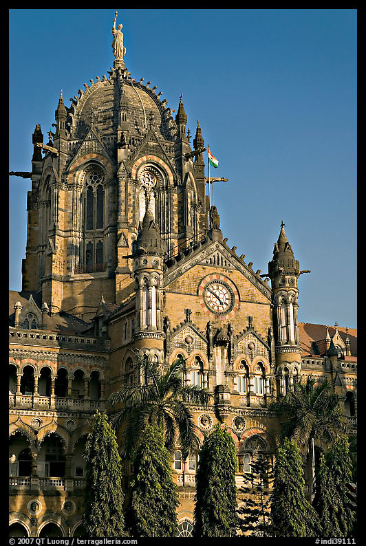 Cathedral-like Chhatrapati Shivaji Terminus main tower. Mumbai, Maharashtra, India