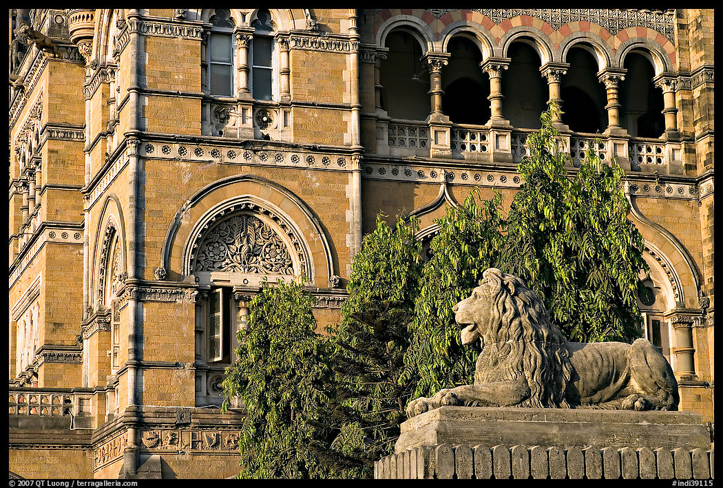 Lion and facade, Chhatrapati Shivaji Terminus. Mumbai, Maharashtra, India