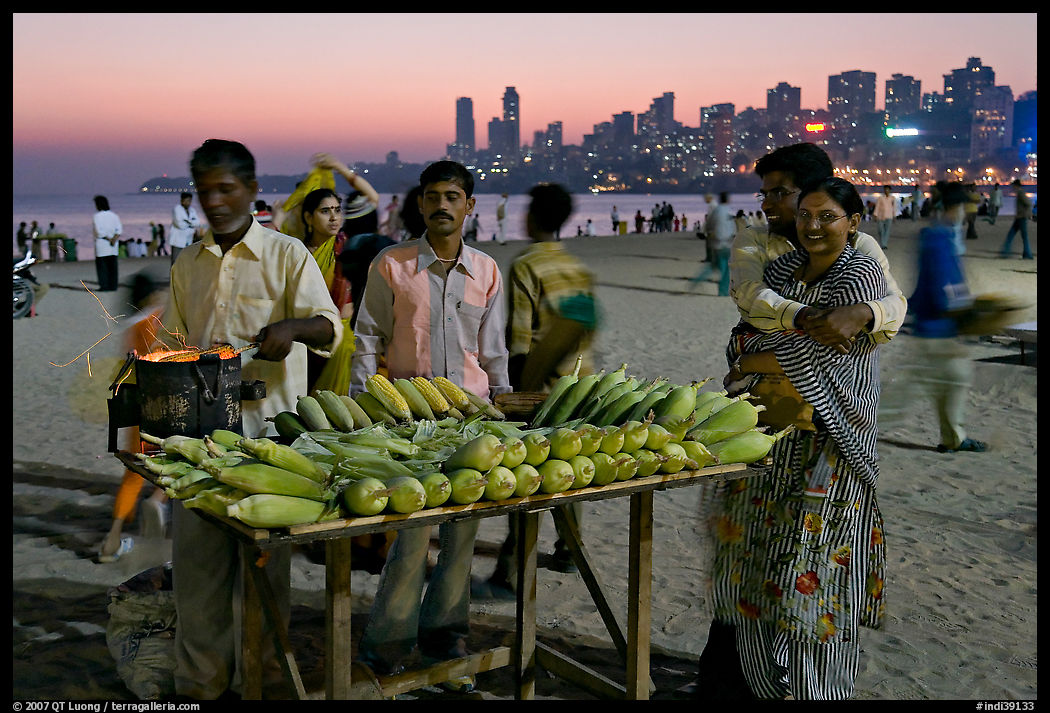 Corn stall at twilight, Chowpatty Beach. Mumbai, Maharashtra, India