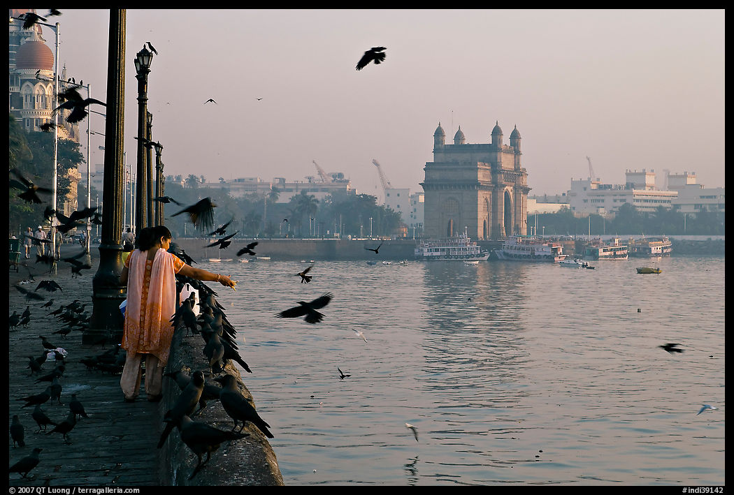 Woman feeding birds, with Gateway of India in background, early morning. Mumbai, Maharashtra, India