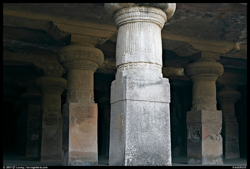 Pilars in main cave, Elephanta Island. Mumbai, Maharashtra, India