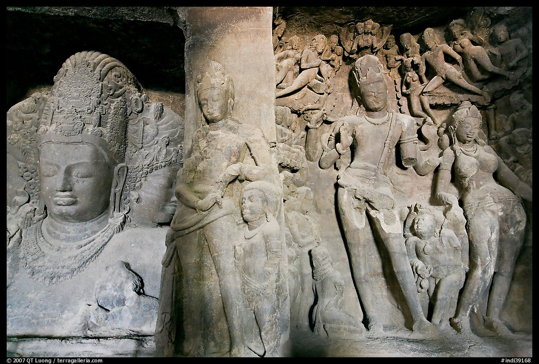 Mahesh Murti and Gangadhara Siva carved in rock, main  Elephanta cave. Mumbai, Maharashtra, India