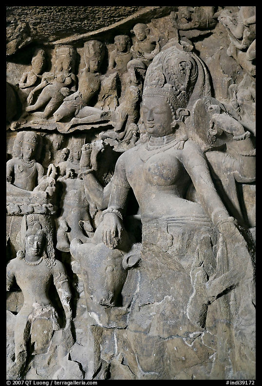 Ardhanarishwar rock-carved sculpture, main Elephanta cave. Mumbai, Maharashtra, India