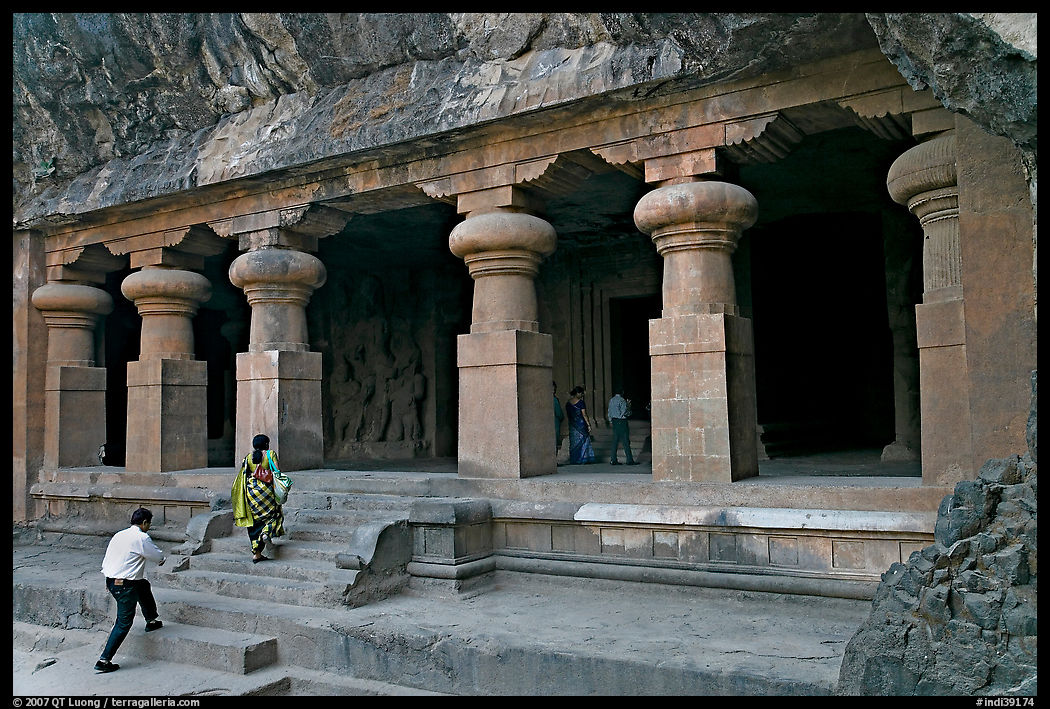 Cave hewn from solid rock, Elephanta Island. Mumbai, Maharashtra, India