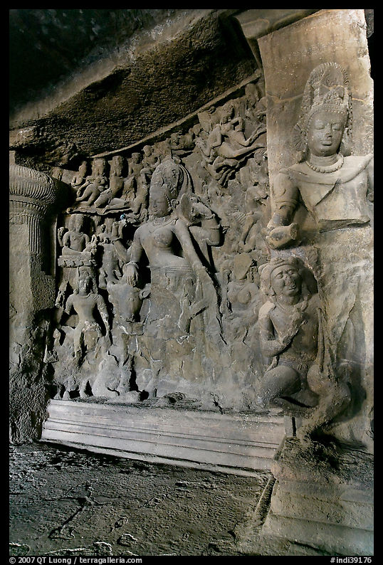 Shiva Shakti rock-carved sculpture, main Elephanta cave. Mumbai, Maharashtra, India
