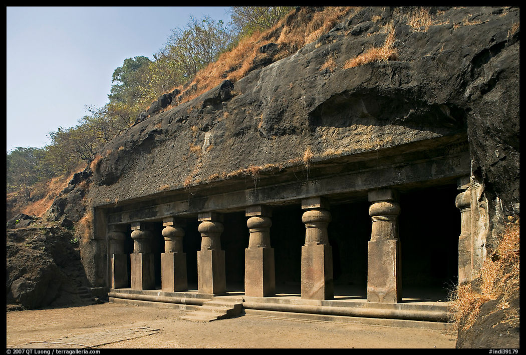 Outside of rock-cut cave, Elephanta Island. Mumbai, Maharashtra, India